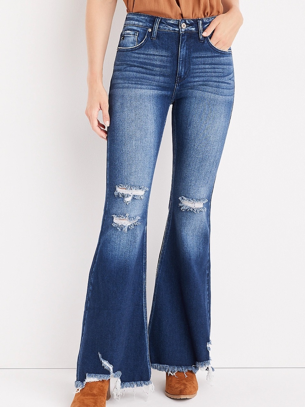 High-Rise Kancan Distressed Flare Jeans - Blue